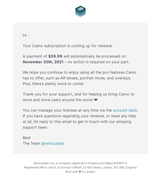 SaaS Renewal Email Examples: Camo's renewal email