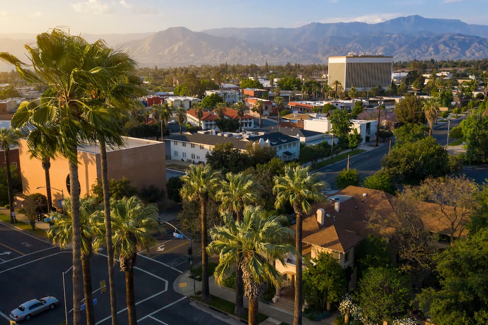 Aerial sunset view of the historic downtown area of Redlands, California.