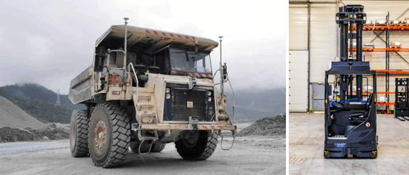 Ouster lidar sensors on a Waytous autonomous mining truck (left) and Balyo autonomous forklift (right)