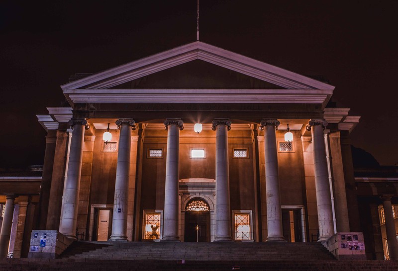 Sarah Baartman Hall at Cape Town University lit up at night