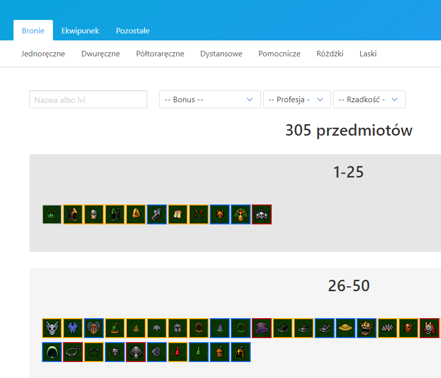 Search items by lvl, name, character class