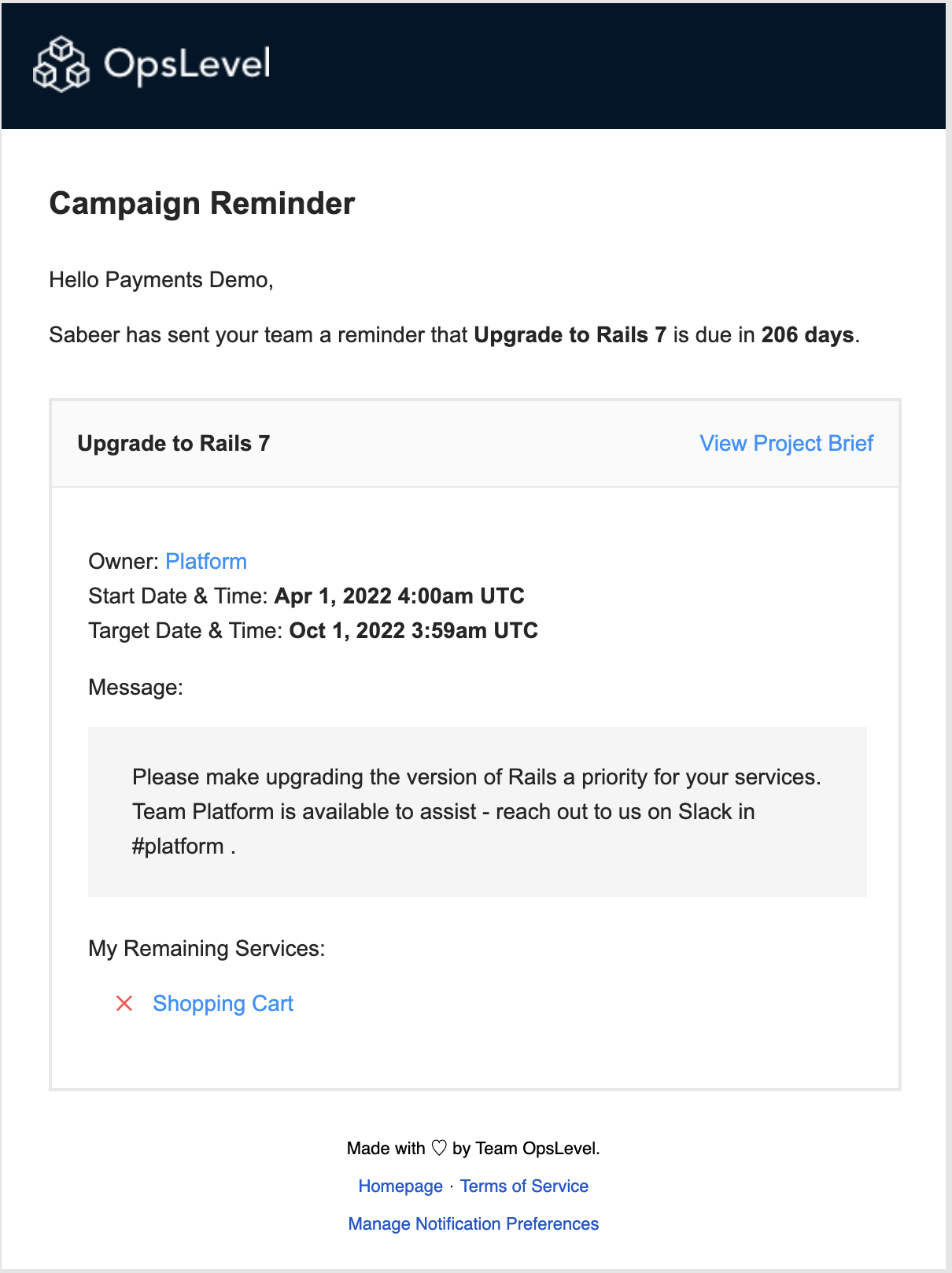 Example campaign reminder in email