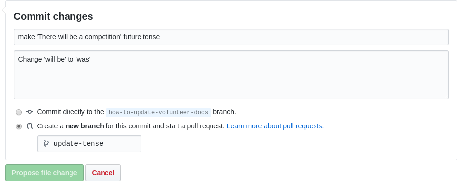 Commit Changes form asking for you to fill out the changes to commit