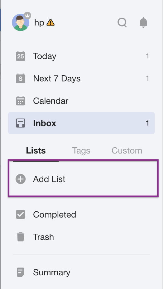 Tick Tick App - Adding a New List