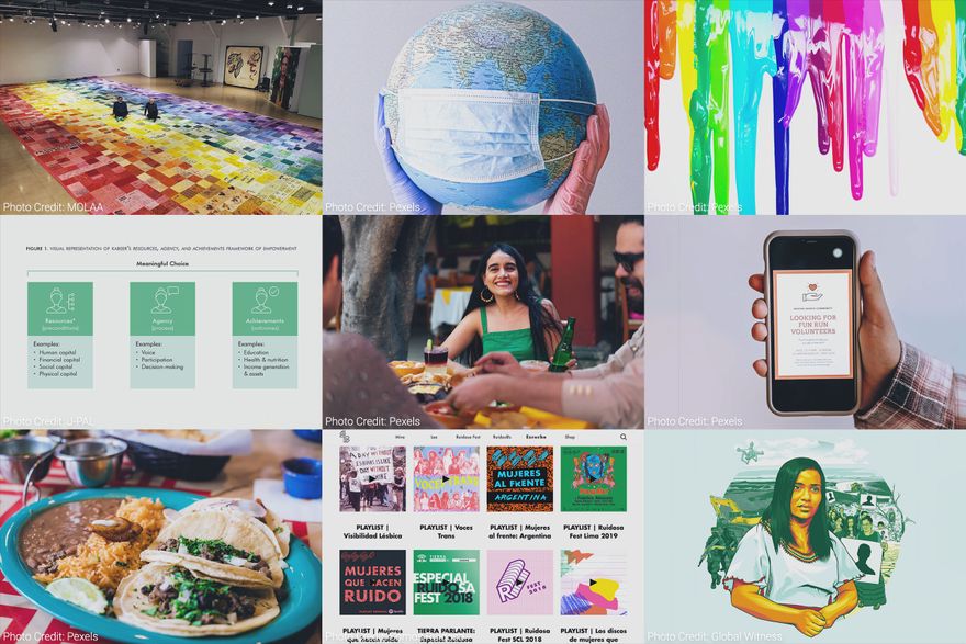 a collage of photos - a museum exhibit, a globe with a mask, colorful paint dripping, diagram of meaningful choice, a woman smiling at a table, a hand holding a mobile phone, a plate of tacos with rice and beans, a grid of album art, an illustration of a latina woman