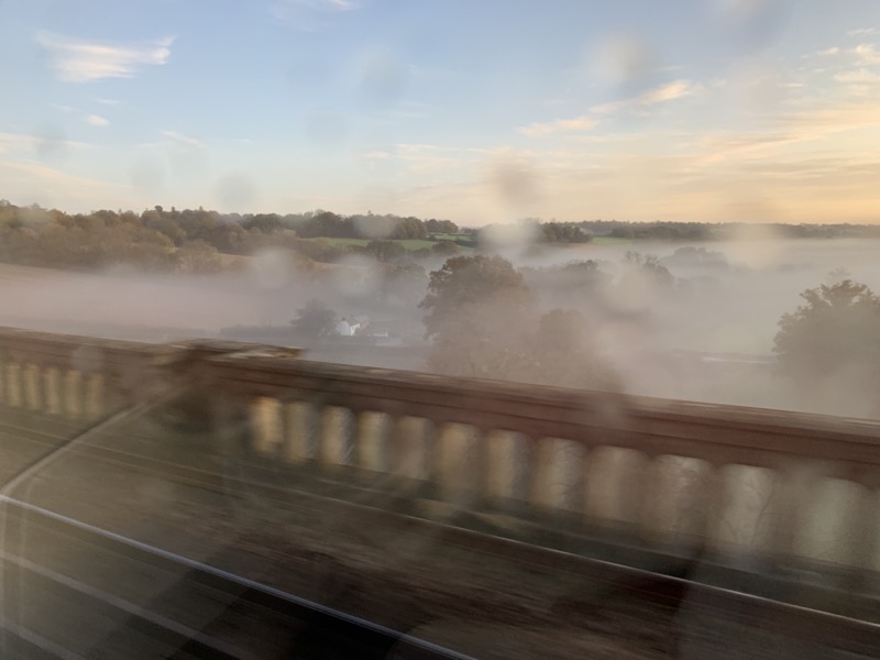 Morning mist over the Sussex countryside, viewed from a railway viaduct.