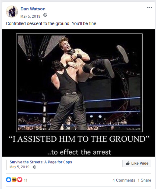Meme depicting a wrestler body-slamming another with the caption 'I assisted him to the ground to affect the arrest.' Watson comments 'Controlled descent to the ground...you'll be fine.'