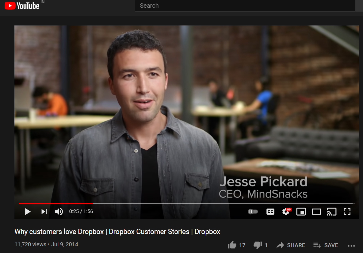 Video Email Marketing Tips: Screenshot of Dropbox's testimonial video on YouTube