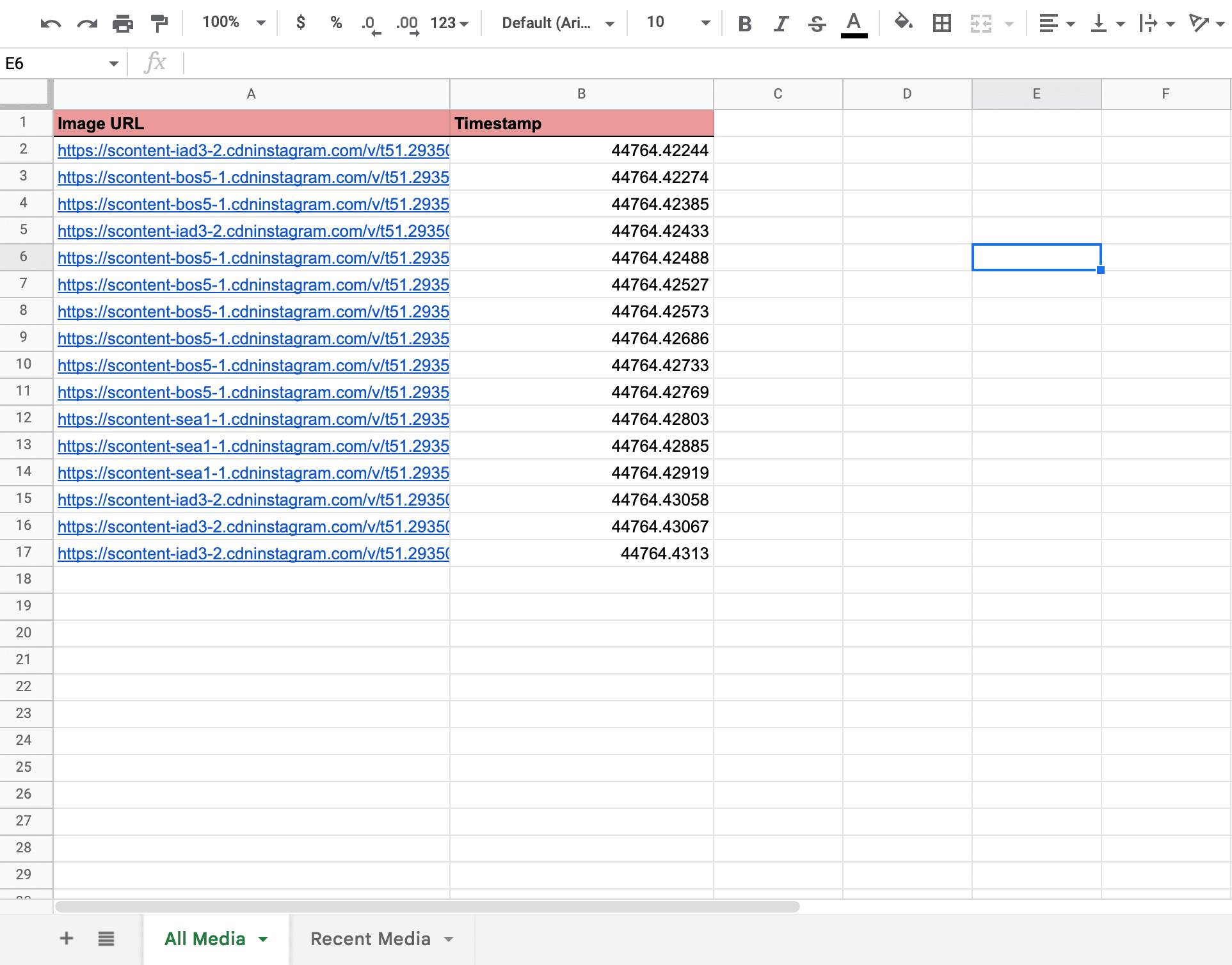 Screenshot of Google Sheets All Media worksheet with records populated