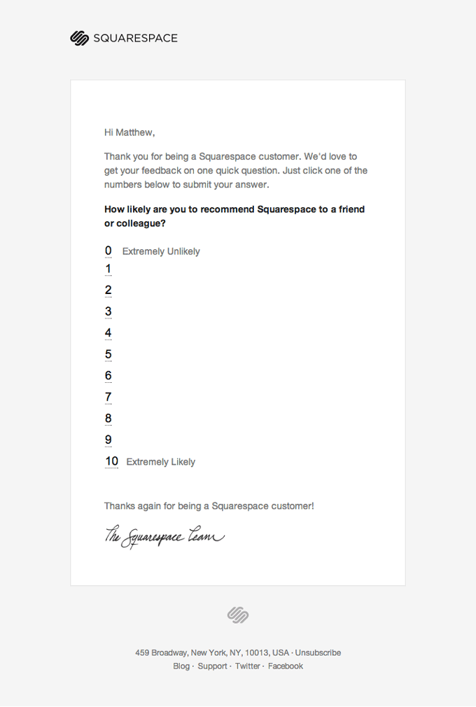 Feedback Email Examples: Screenshot of Squarepace's email asking for customer feedback via NPS