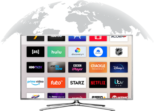 tv screen with streaming services logos on the background of the globe
