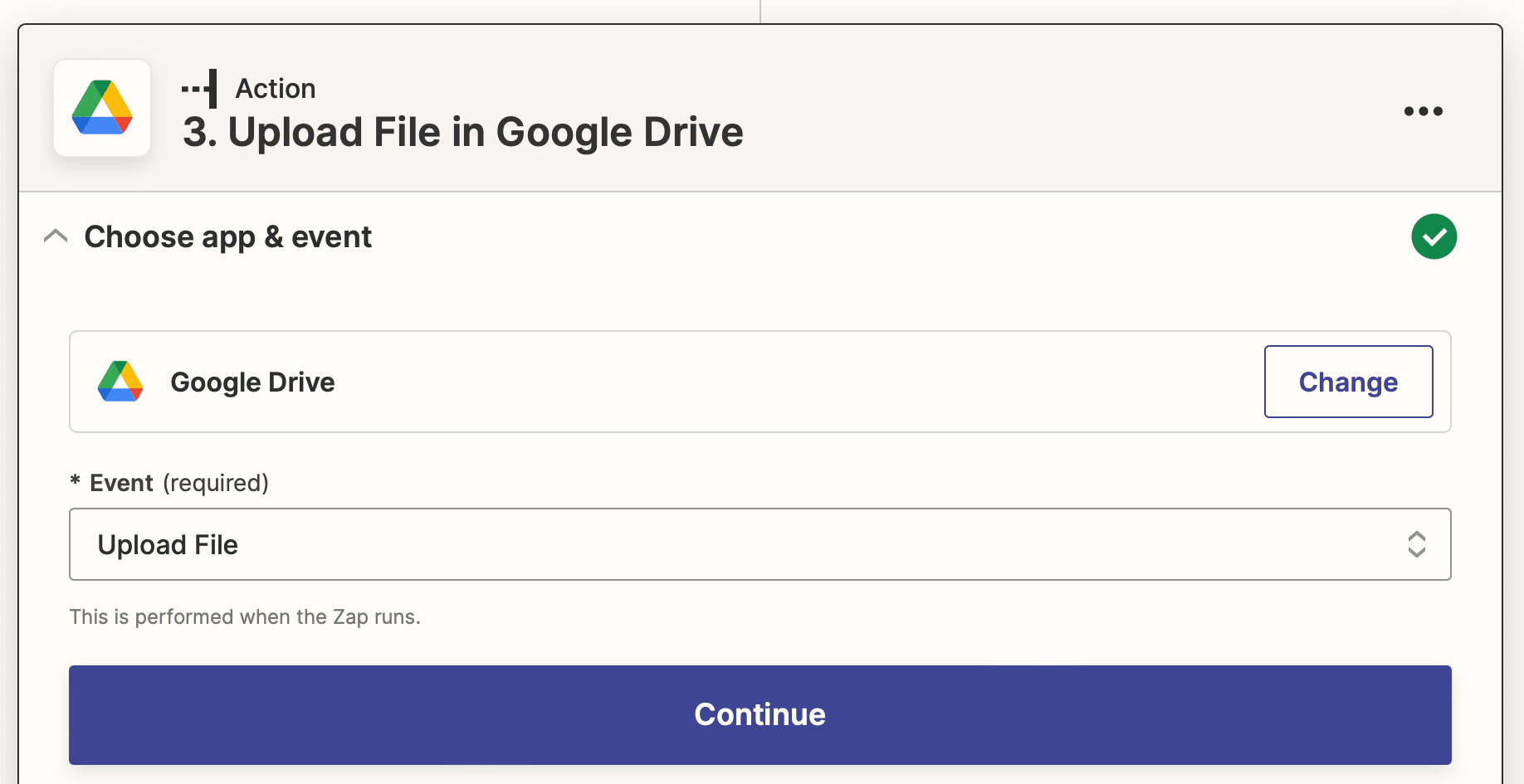 Screenshot of Zapier Google Drive upload file action
