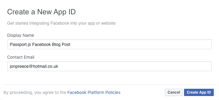 Facebook Developers - Create a new App ID