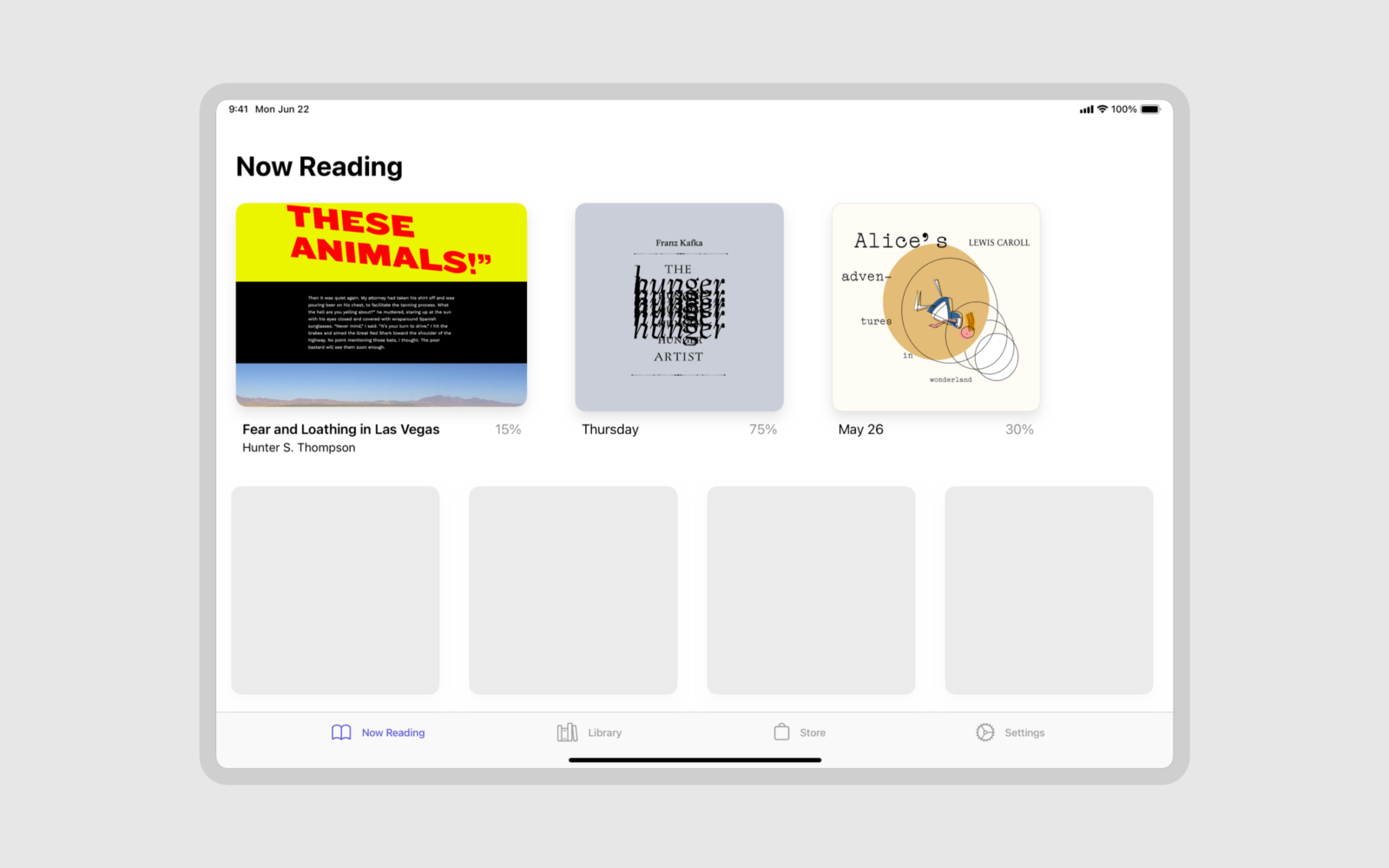 Design mockup for a web novel app. The Now Reading screen is active. This screen displays recently read books. There are tabs for switching to the Library, Store, or Settings screen.