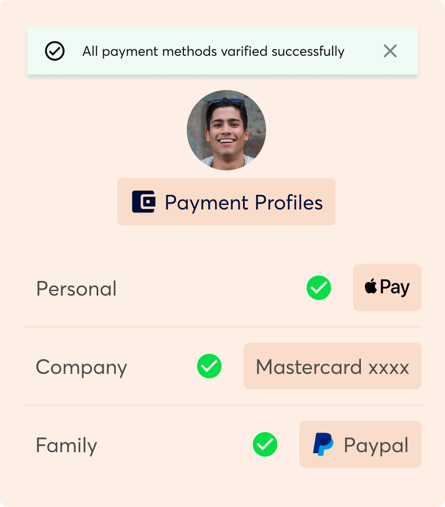 Orange coloured payment profile featuring apple pay, mastercard and paypal information and displaying an olive colored man smiling.