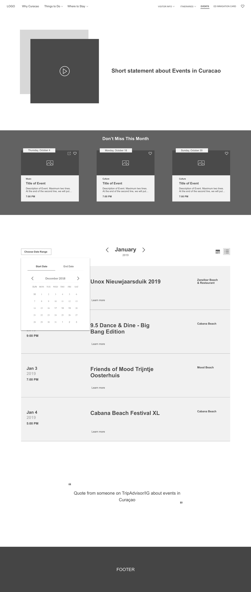 Wireframe of the Events landing page.