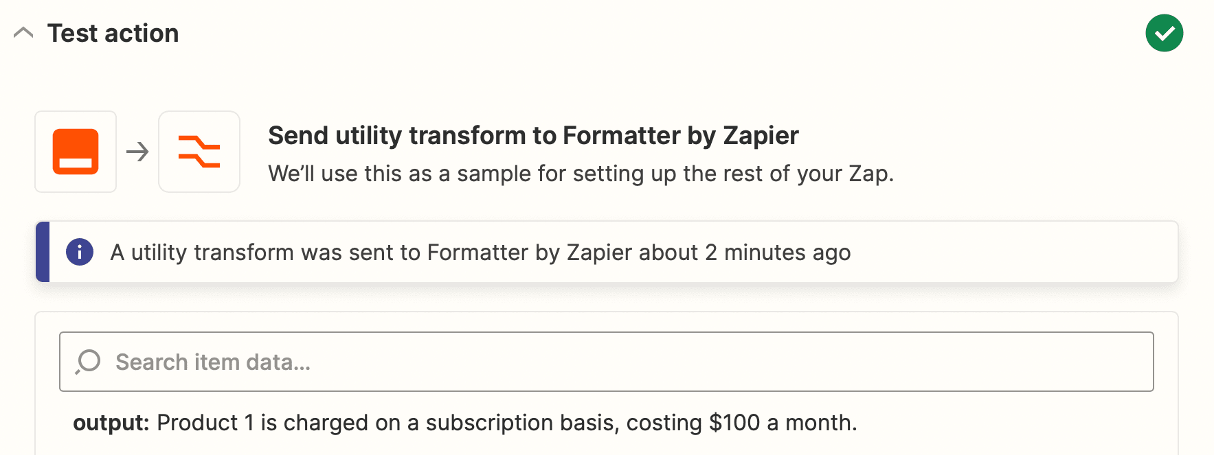 Screenshot of Zapier utility transform test with matched value output
