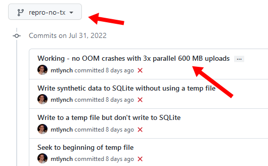 Branch repro-no-tx has commit name 'Working - no OOM crashes with 3x parallel 600 MB uploads'