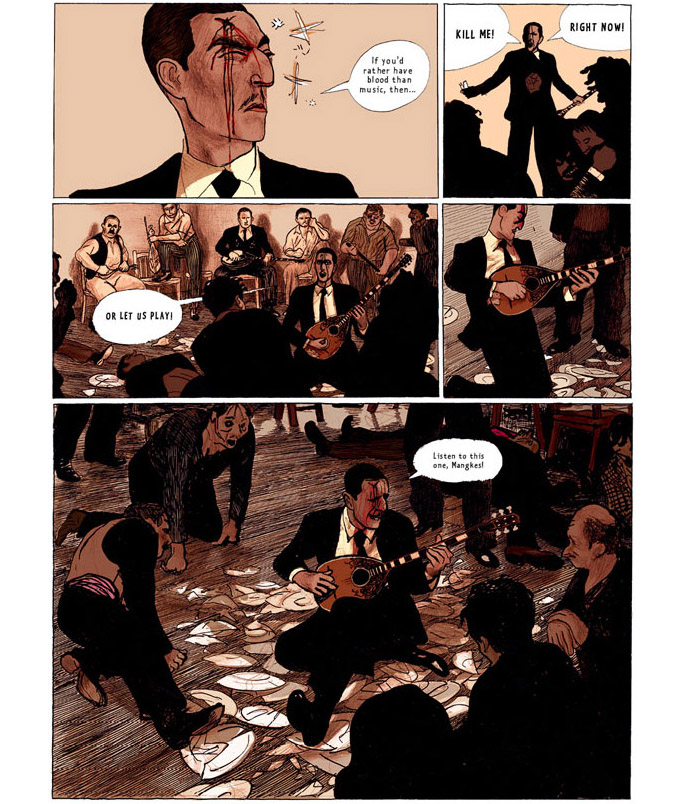 sample pages from the graphic novel depicting greek musicians playing in a taverna