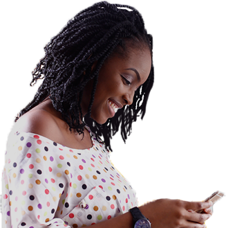Image of a young woman using the Paga mobile app against an animated background