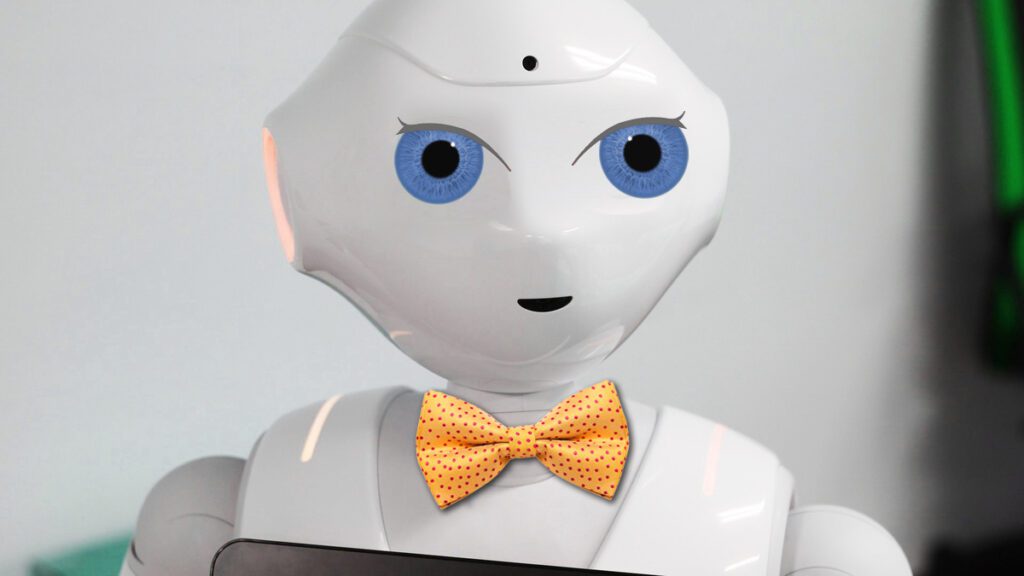 A white robot with blue eyes and a yellow bowtie is placed against a white background