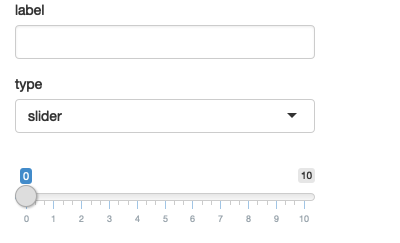 App after setting value to 5 (left), then changing type to numeric (middle), then label to 'my label'. See live at <https://hadley.shinyapps.io/ms-render-simple>.