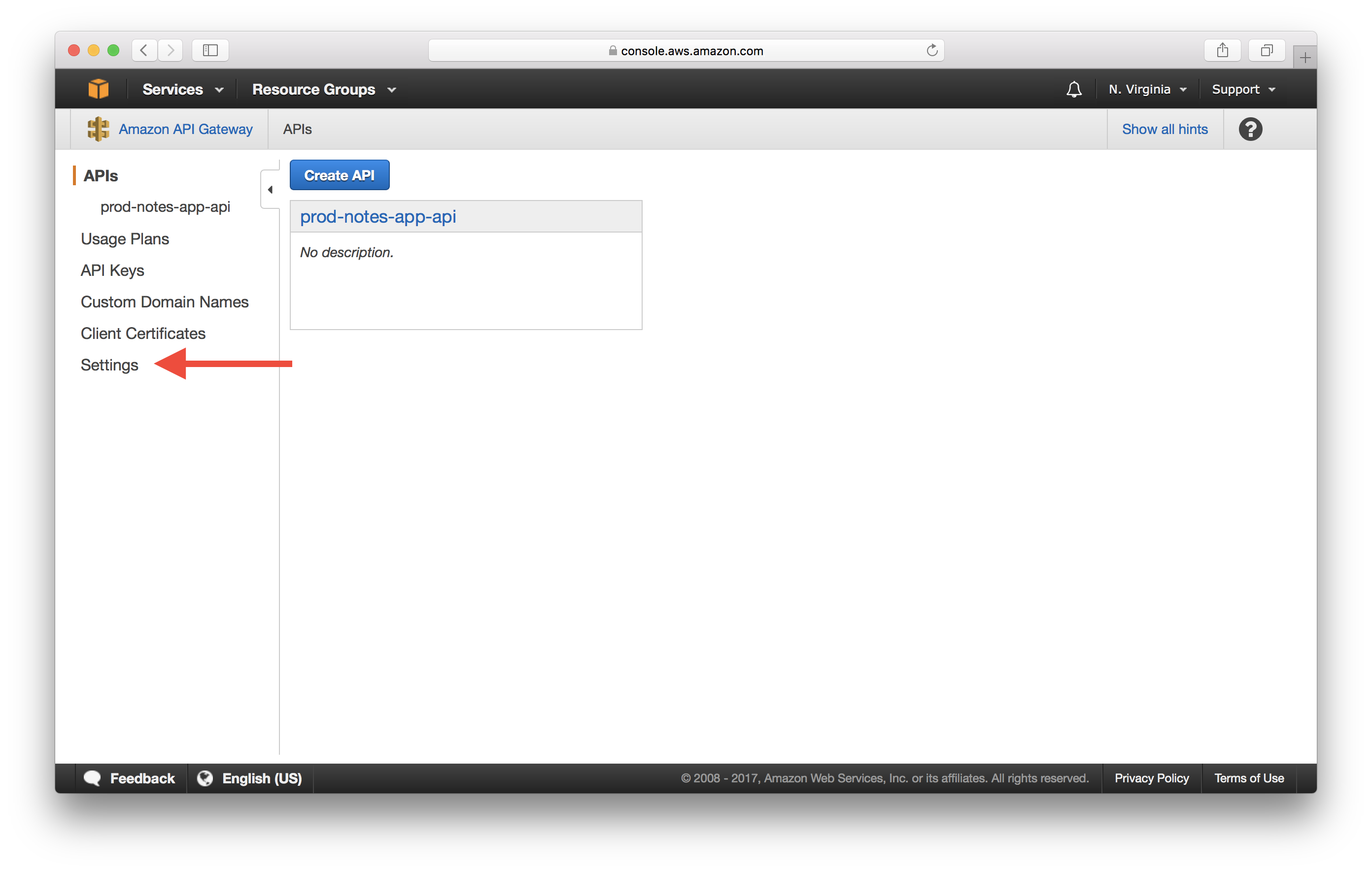 Select API Gateway Settings Screenshot