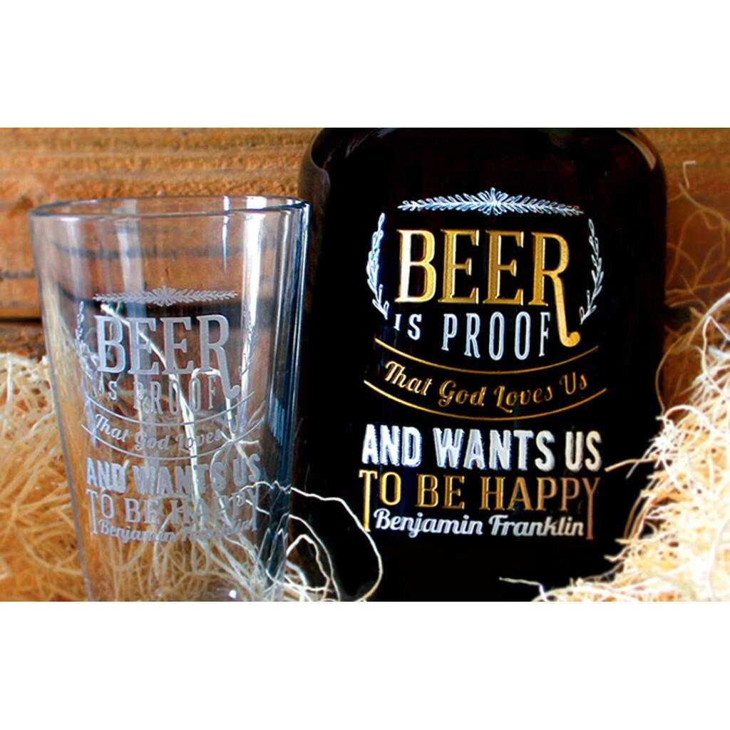 Etched pint glass and custom growler by Etching Expressions