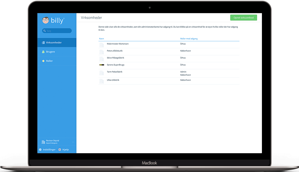 Billy Regnskabsprogram og virksomheder og administratorkonto
