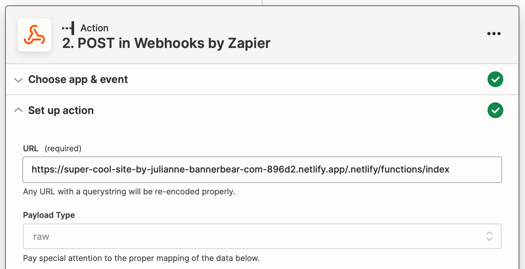 Screenshot of Zapier post in web hooks action setup