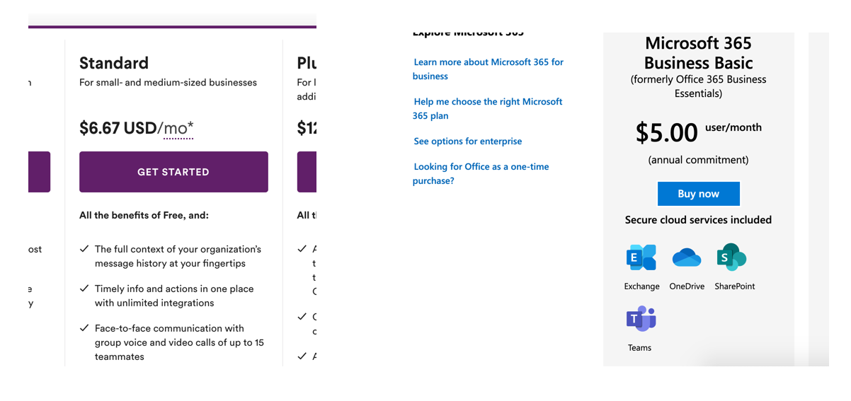 Comparison of Slack and Microsoft 365 pricing