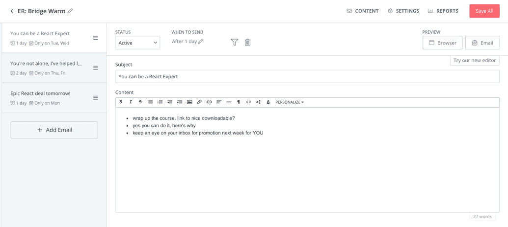 screenshot of the email sequence for the warm bridge