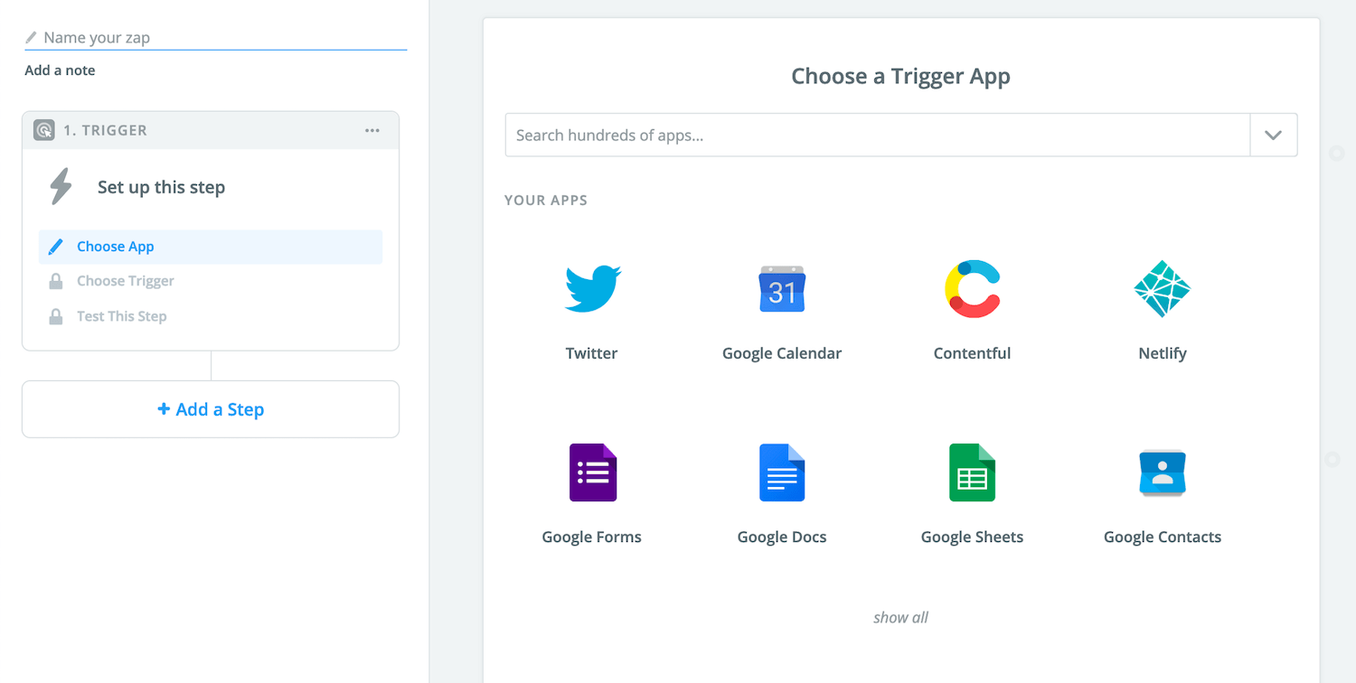 Start screen to create Zap