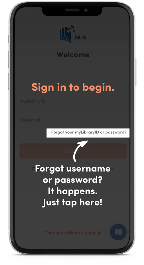 A tutorial screenshot for the app, showing the sign-in screen and how to recover or reset your password if you have forgotten it.