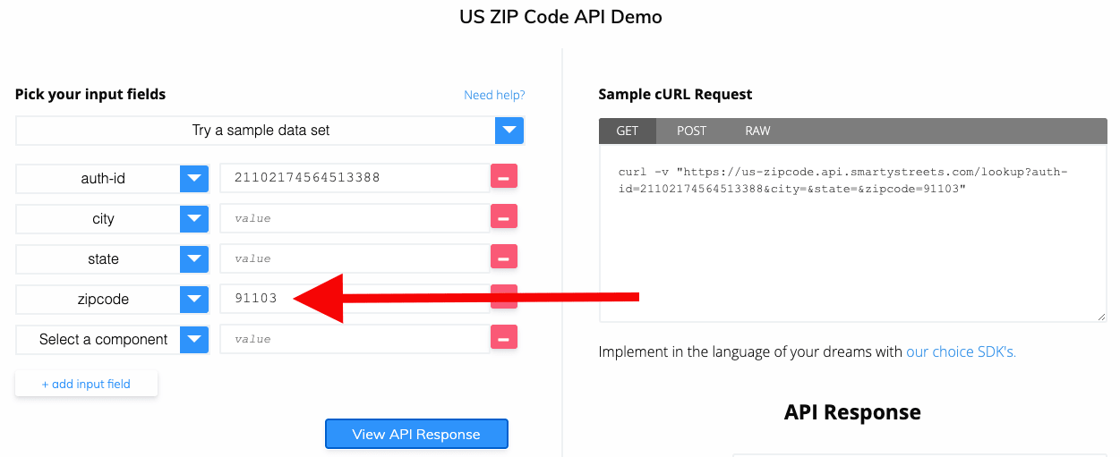 County ZIP Code API step 1 - select ZIP Code as your input field to lookup a lot of county names of different ZIP Codes to create sample cUrl request