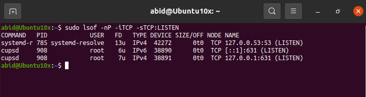 The lsof Command used to show all TCP ports list