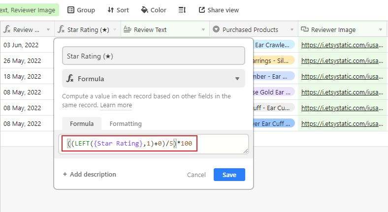 Screenshot of Airtable formula for converting star rating to percentage