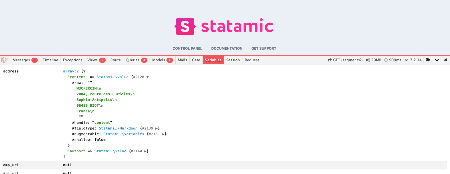 Screenshot of the Statamic debug bar