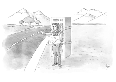 New Yorker style illustration. A man hitch-hiking near a road, with a server block strapped to his back. He has a sign the reads The Edge.