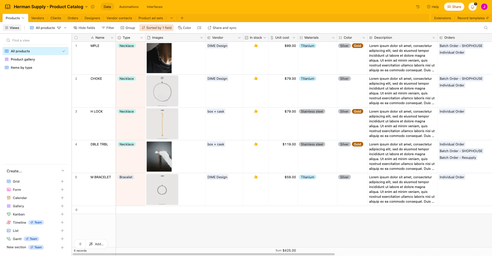Screenshot of sample Airtable product catalog base