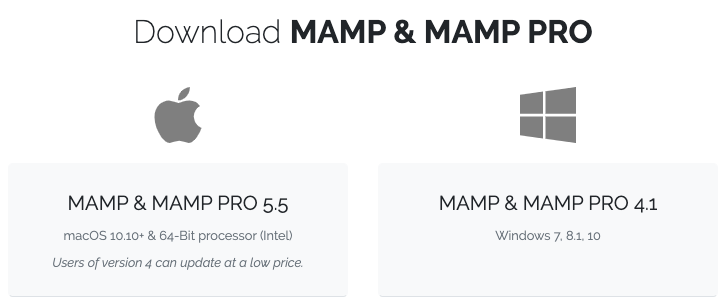 Screenshot of download page for both Mac & Windows versions of MAMP