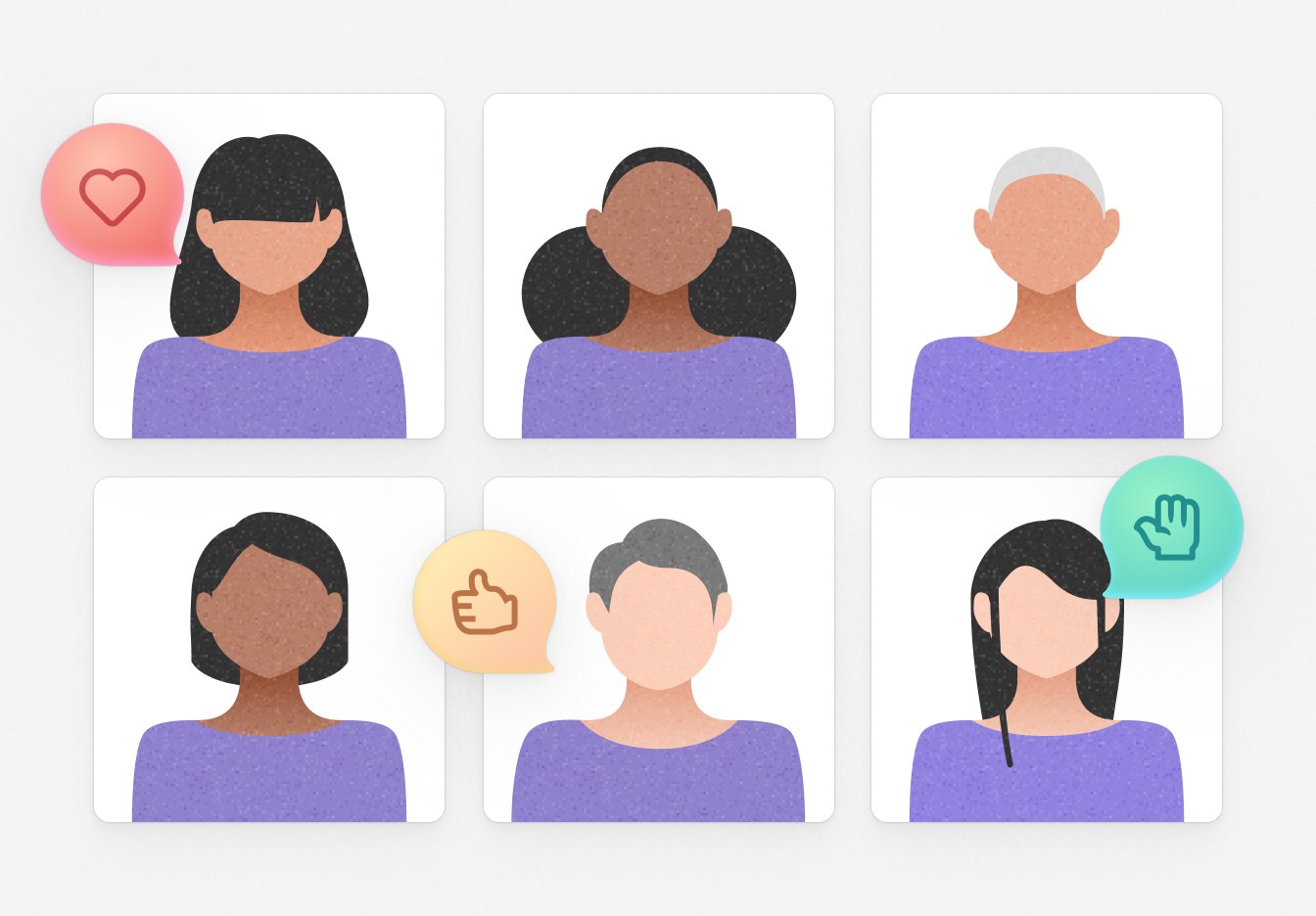 A grid of 6 stylized people. 3 of them with bubbles over their heads. One with a heart, one with a thumbs-up, and one with a hand raised.
