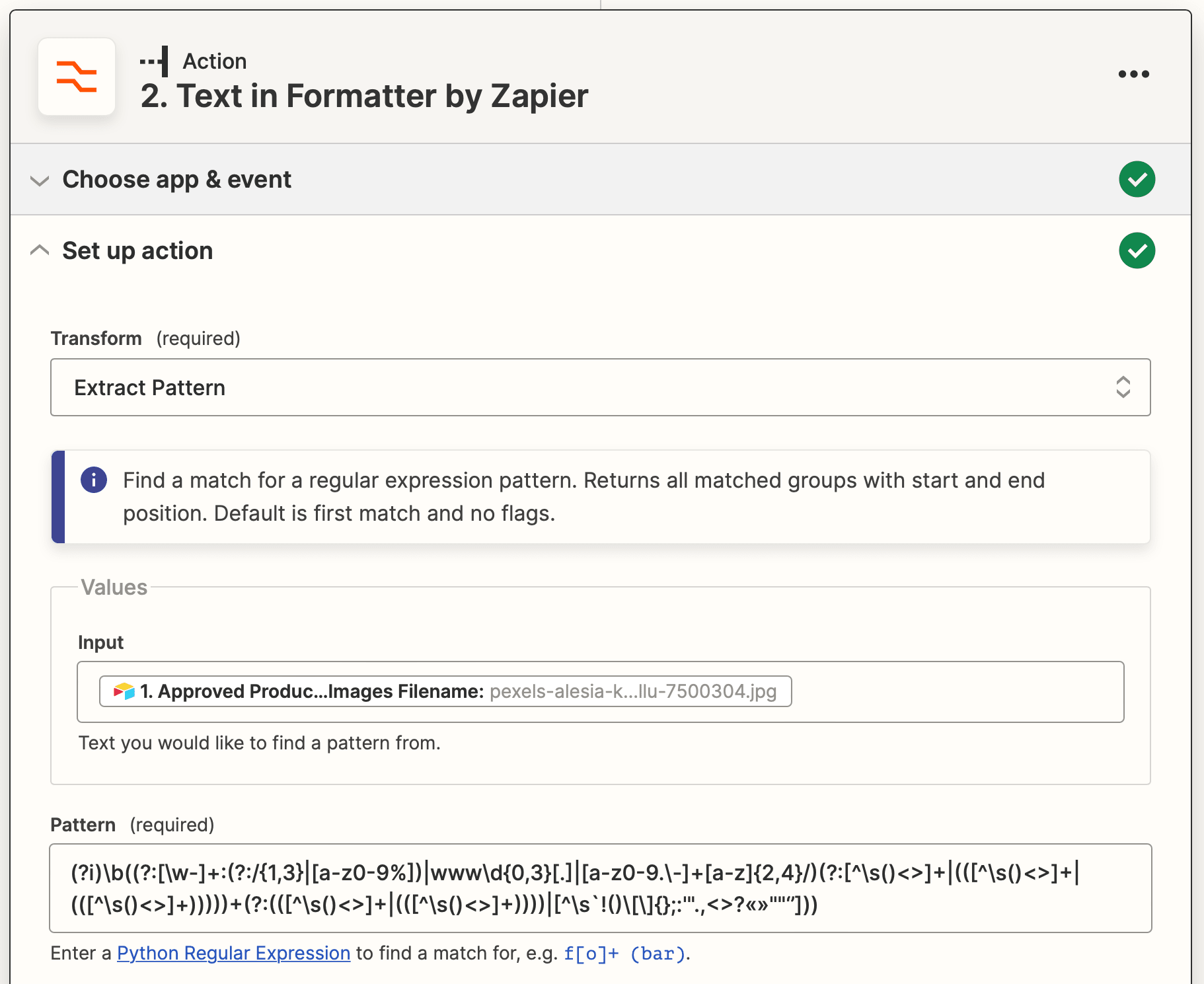 Screenshot of Zapier text in formatter action with extract pattern transform and regex pattern for links