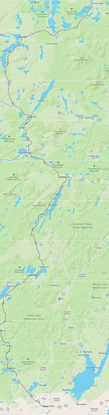 What does the route from Mysteries on Main Street in Johnstown, NY to The Book Nook in Saranac Lake, NY look like?