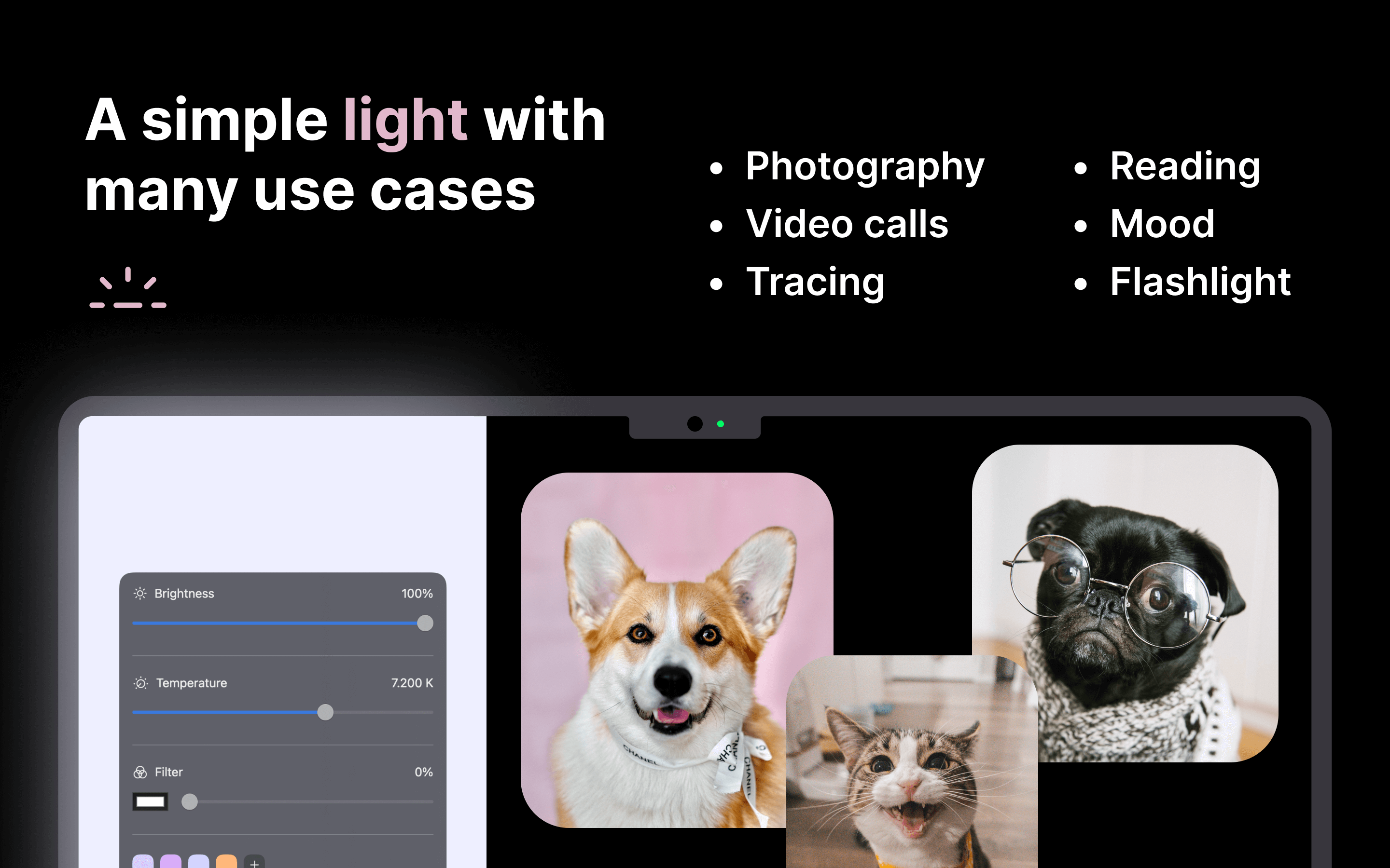 App Store screenshot of Tiny Softbox, showing off different use cases for the app