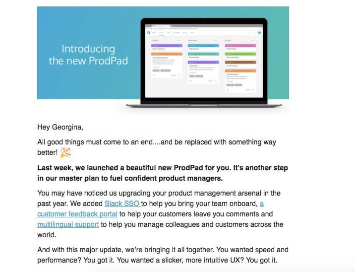 SaaS Rebranding Announcement Emails: Screenshot of ProdPad's email announcing its new major features