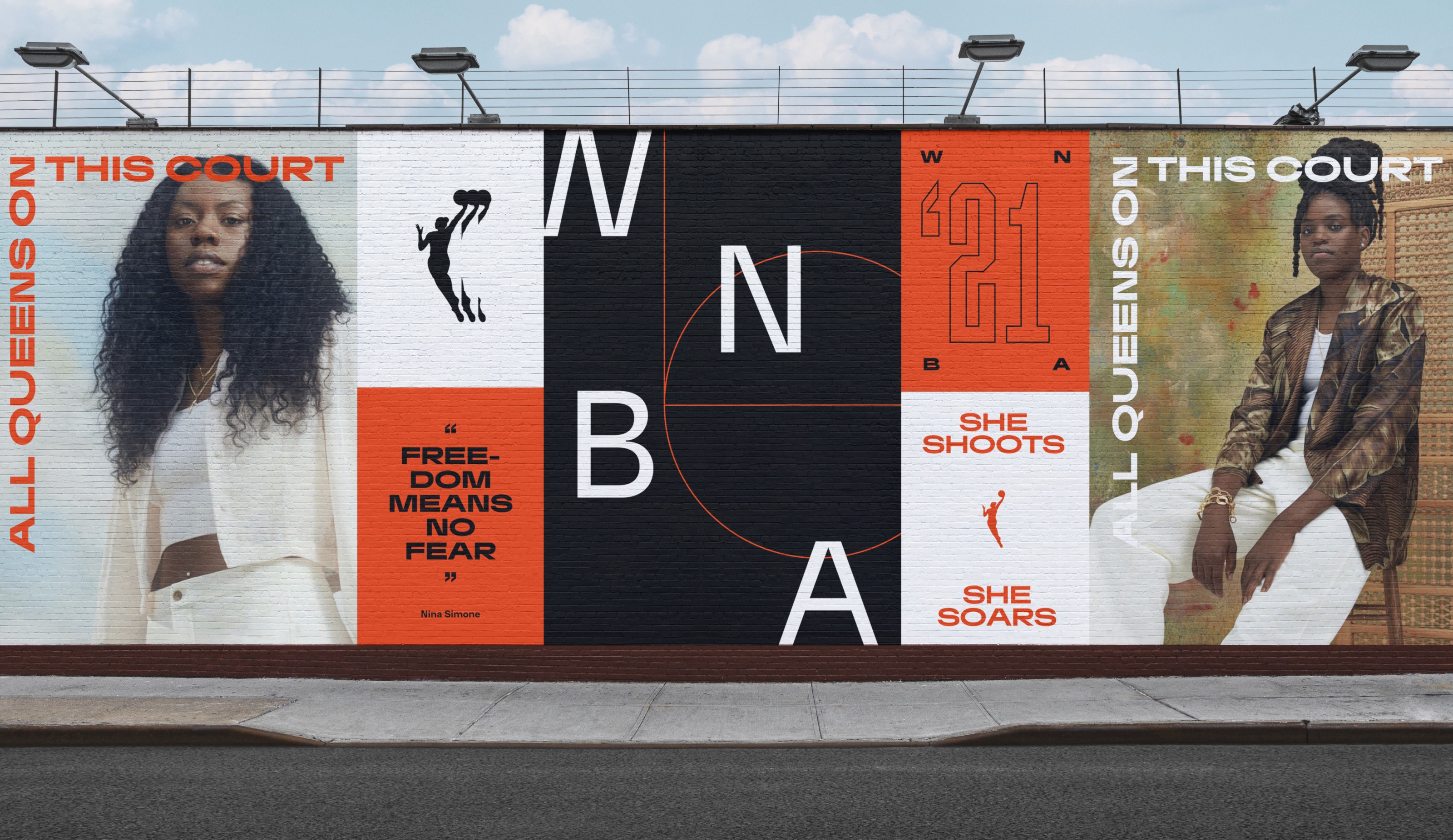 WNBA Outdoor mural: All queens on this court; “freedom means no fear”; she shoots she soars