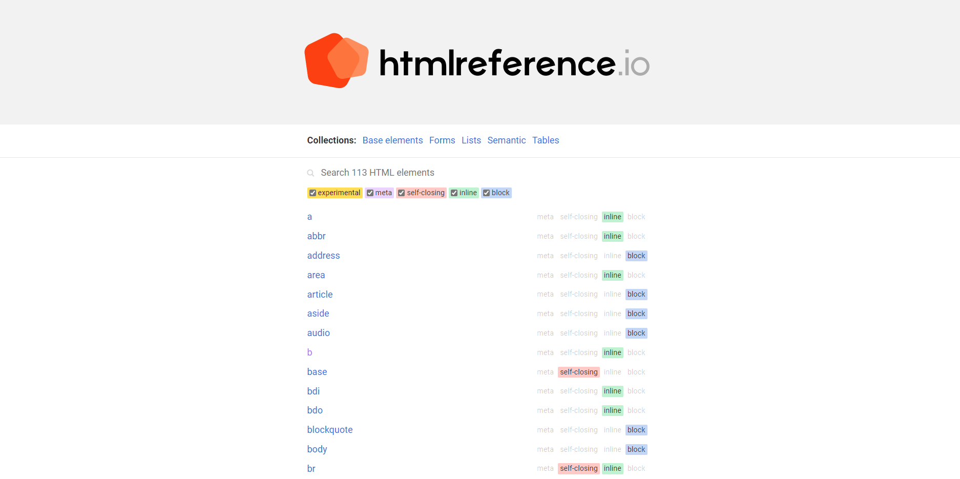 Screenshot of htmlreference.io which lists 113 different HTML elements