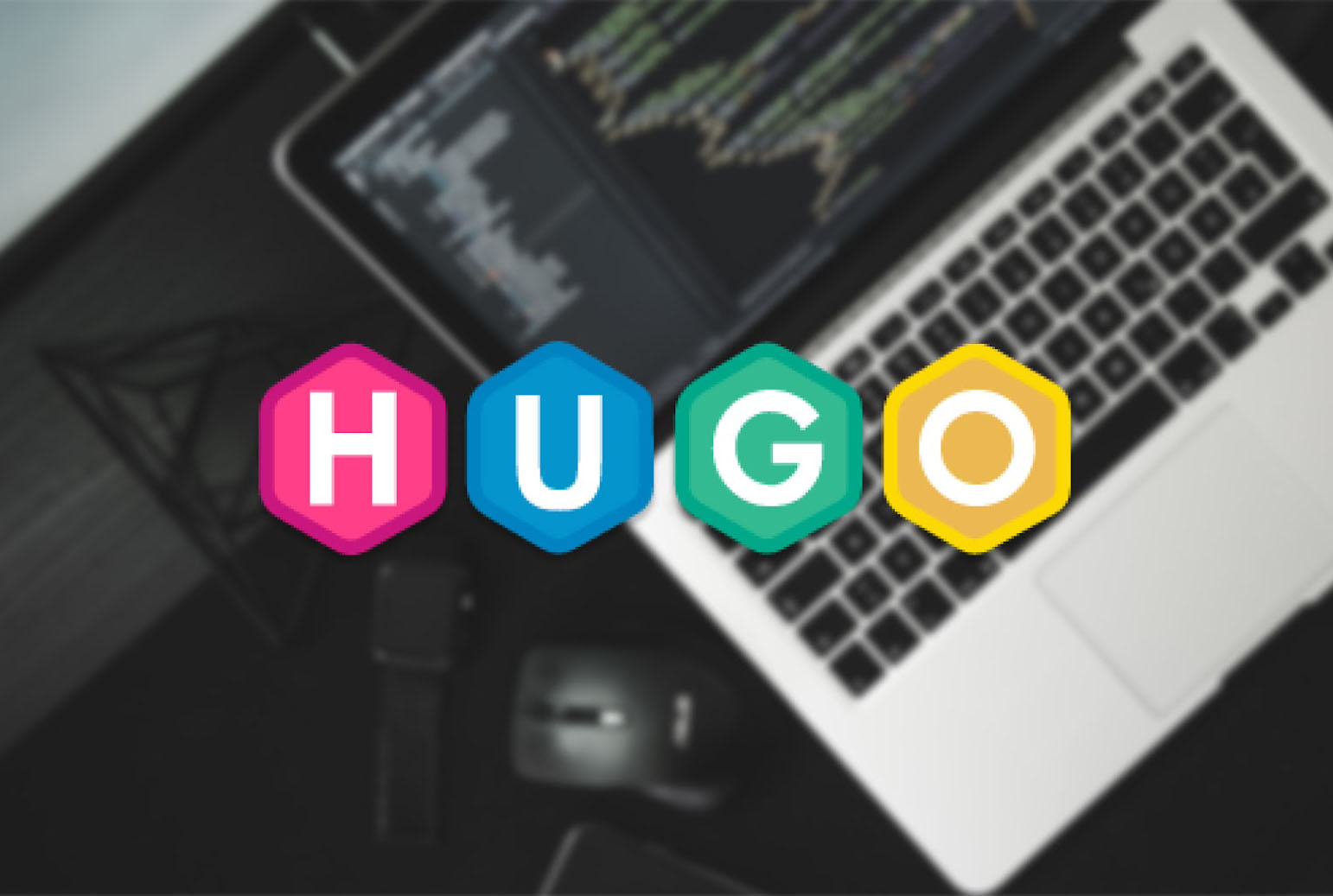 Hugo logo with a computer with code on screen in the background