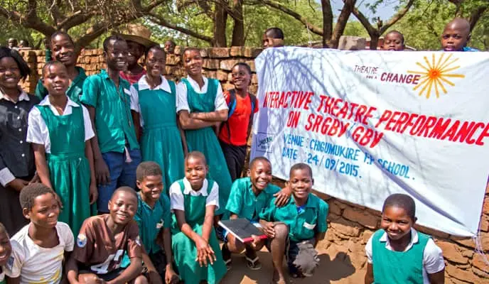 Concern and Theatre For Change working with students of Chigumukire Primary School and their parents to help highlight the dangers and challenges of school-related gender-based violence as part of Right to Learn